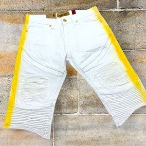 Men's Makobi White | Yellow Hand-Painted Denim Shorts NWT